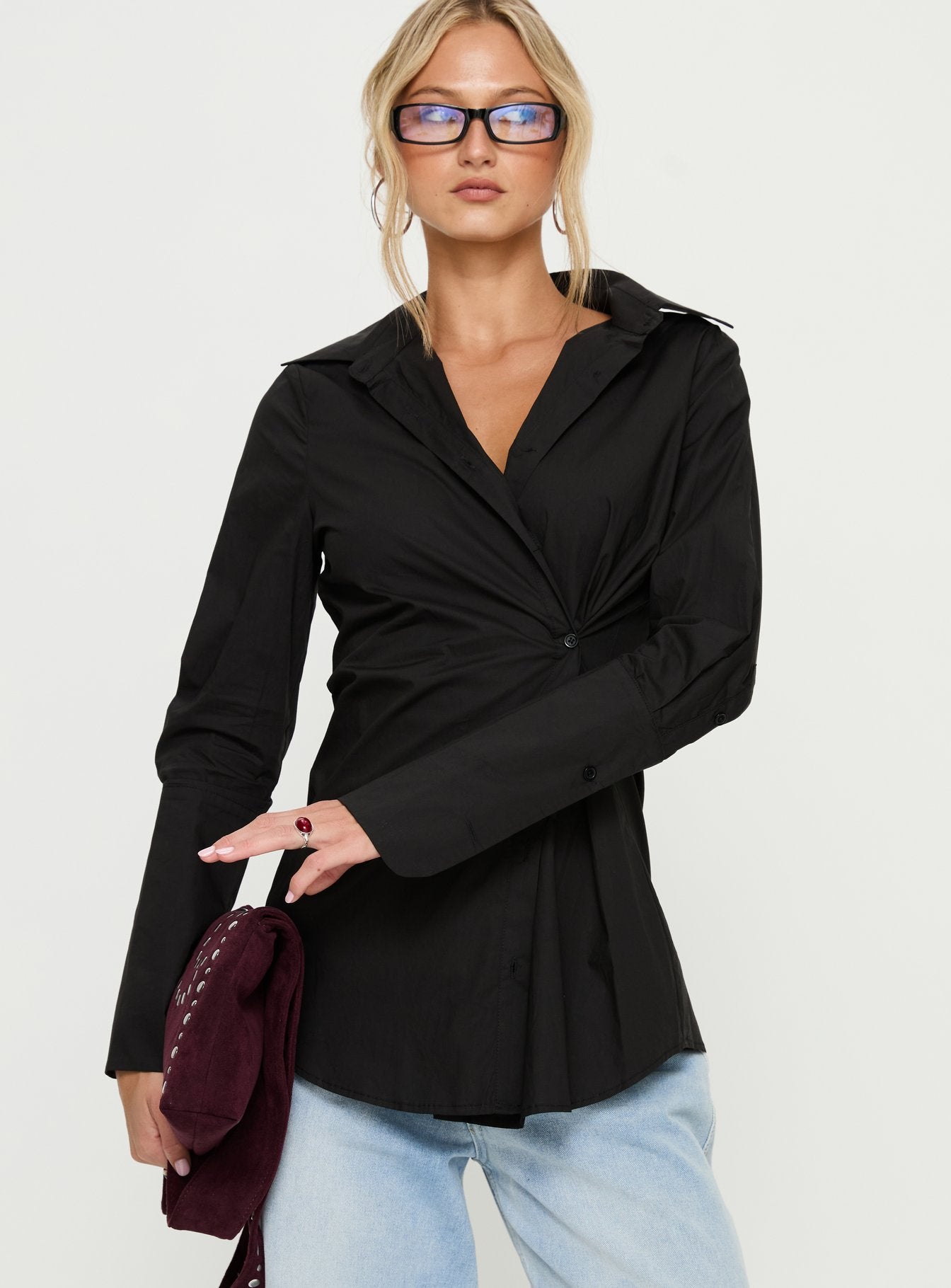 Chelsy Tapered Long Sleeve Shirt Black | Princess Polly