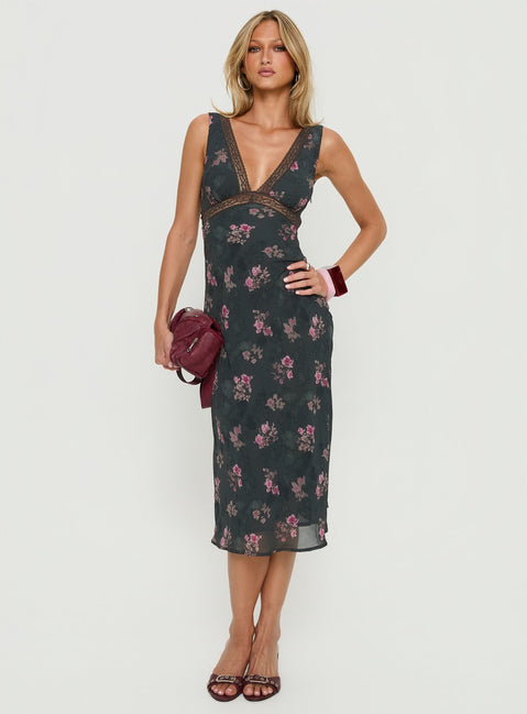 Kenadi Backless Lace Bust Bias Midi Dress Black Floral | Princess Polly
