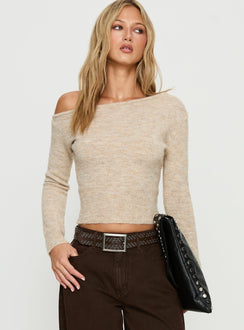 Selbey Fluffy Cinched Waist Off Shoulder Top Cream Marle