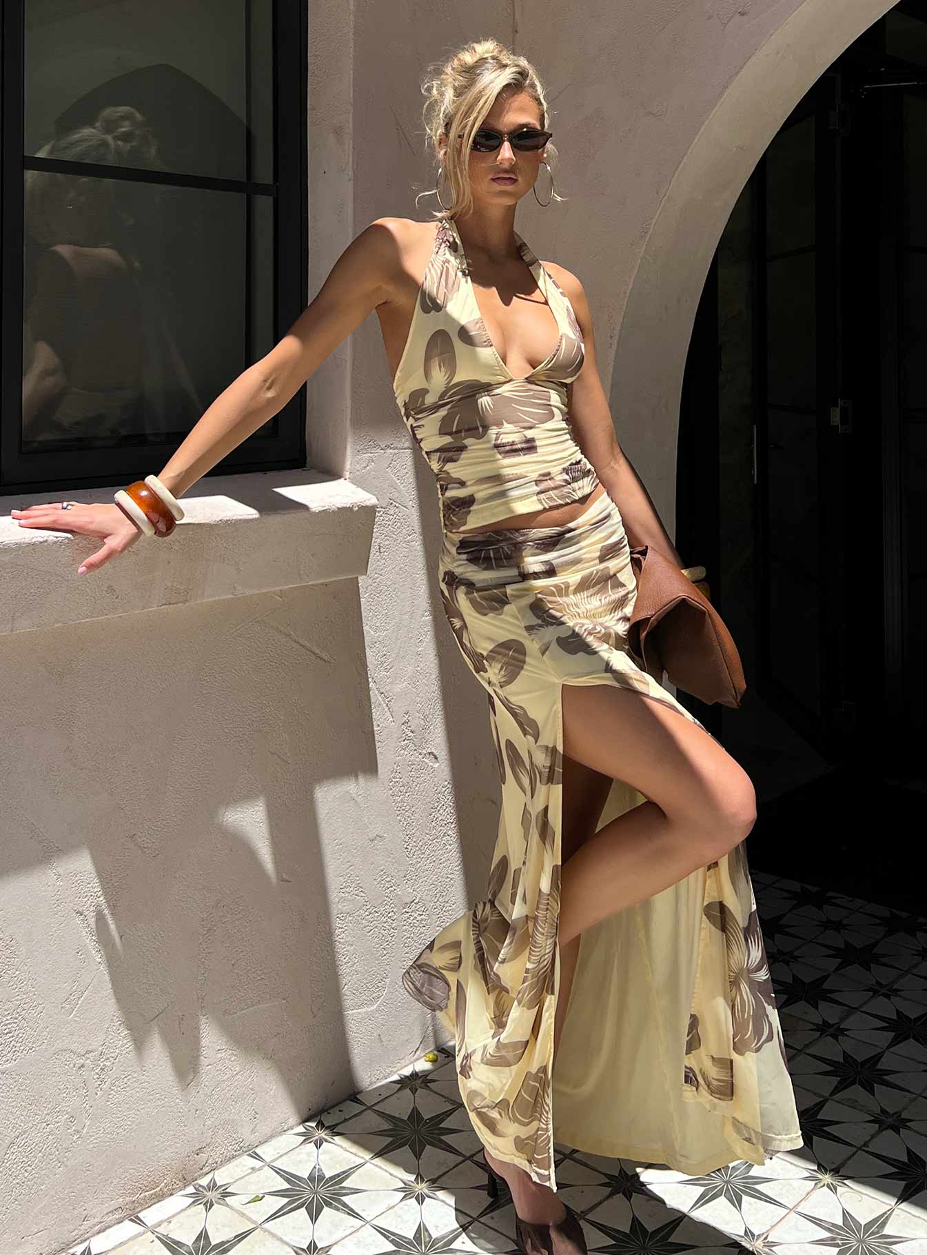   side view of model wearing Princess Polly Roselin Mesh Maxi Skirt Brown Floral Maxi Skirts 