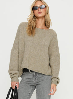 front view of model wearing Princess Polly Ramy Wide Neck Knit Sweater Olive Cropped Jumpers 