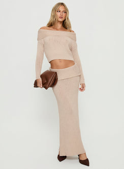   front view of model wearing Princess Polly Devion Foldover Waist Maxi Skirt Beige Maxi Skirts 