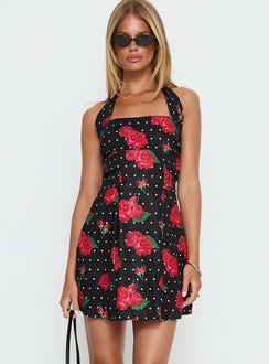 Rosamie Halter Mini Dress Black Polka Floral