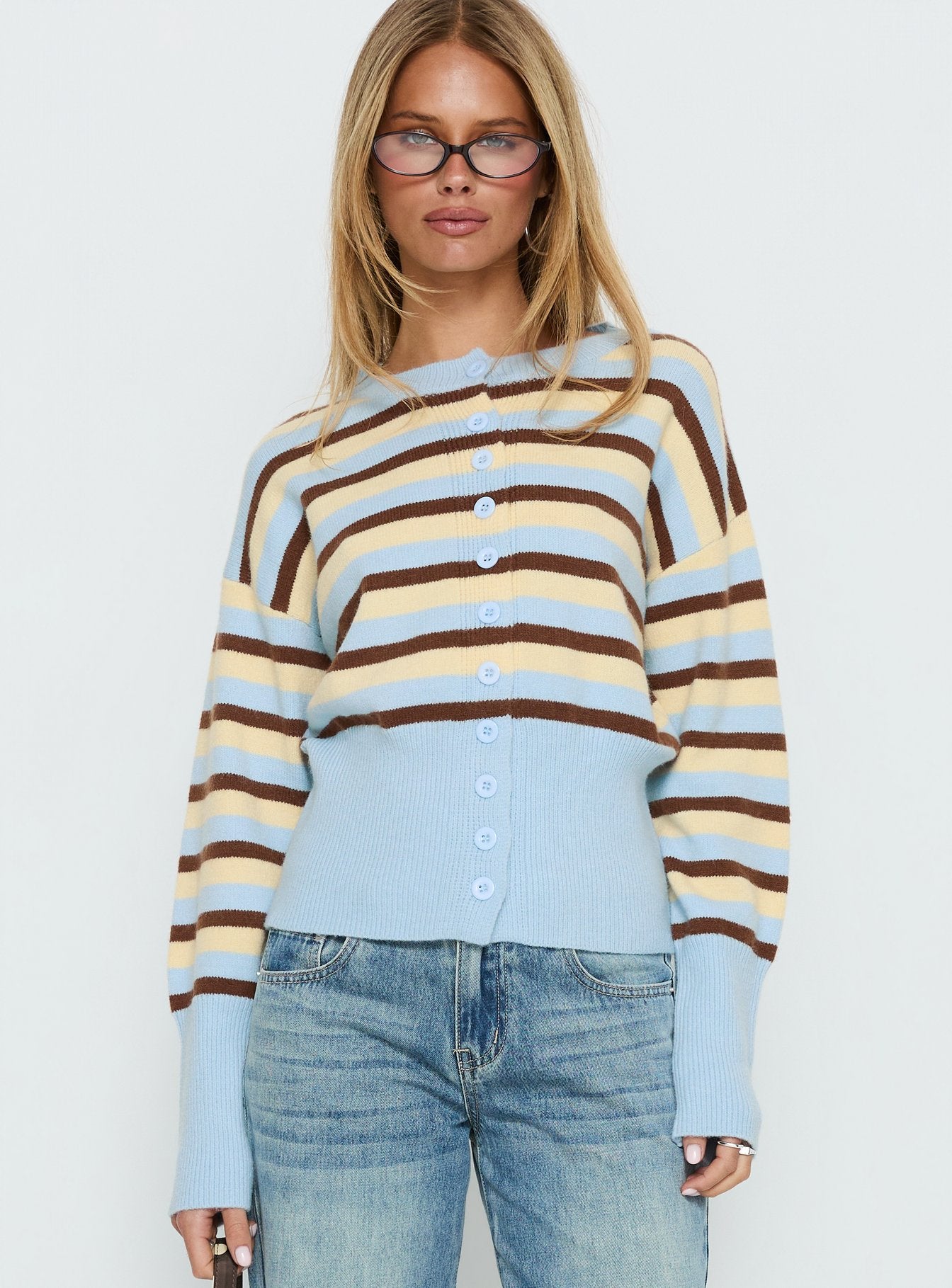 front view of model wearing Princess Polly Rhitta Button Down Cardigan Multi Stripe 