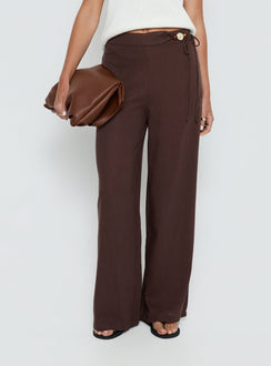 back view of model wearing Princess Polly Pine For You Bead Detail Linen Pant Brown High Rise Pants 