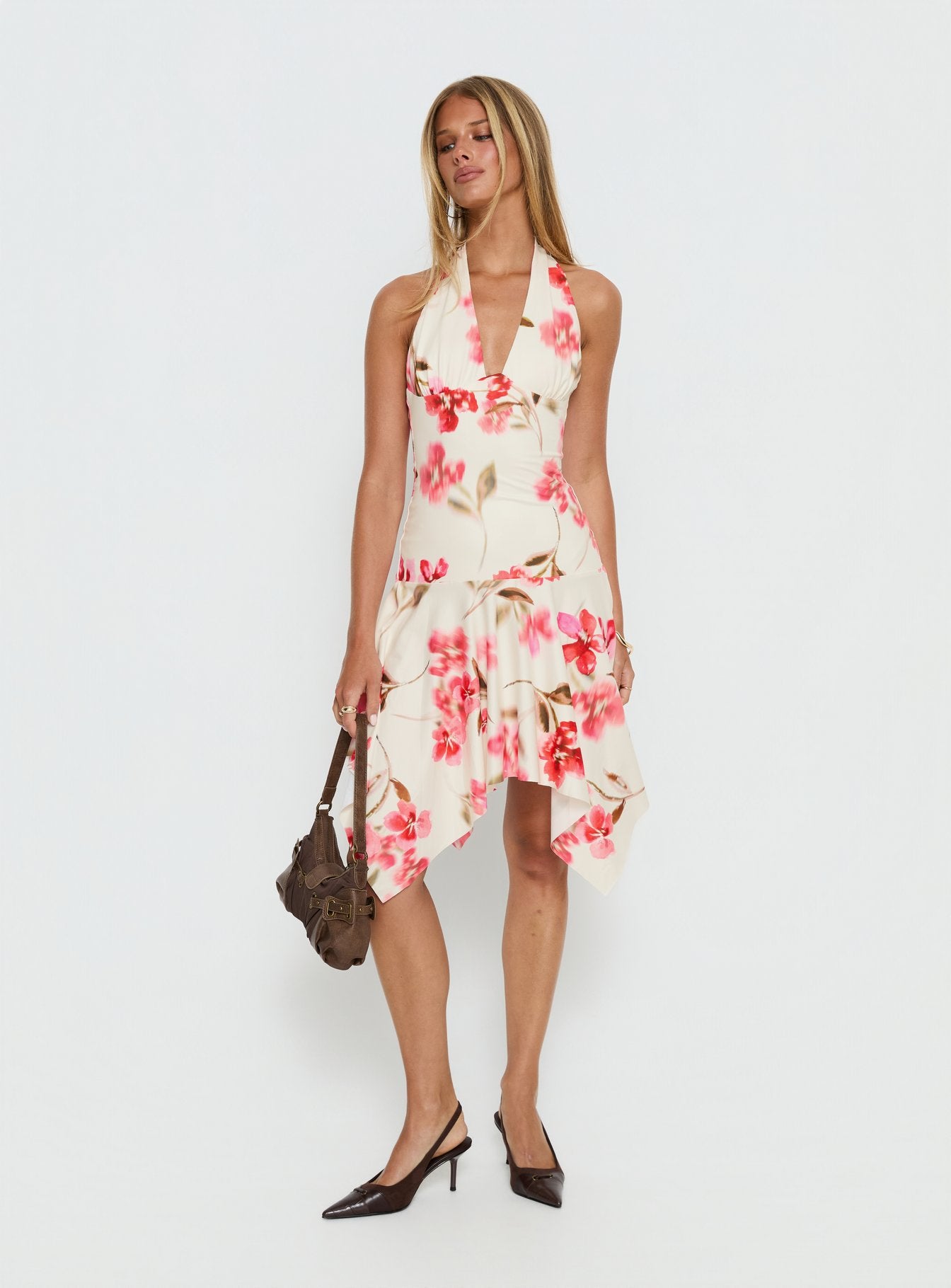 Loreza Halter Asymmetrical Midi Dress White Floral | Princess Polly Loreza Halter Asymmetrical Midi Dress White Floral | Princess Polly