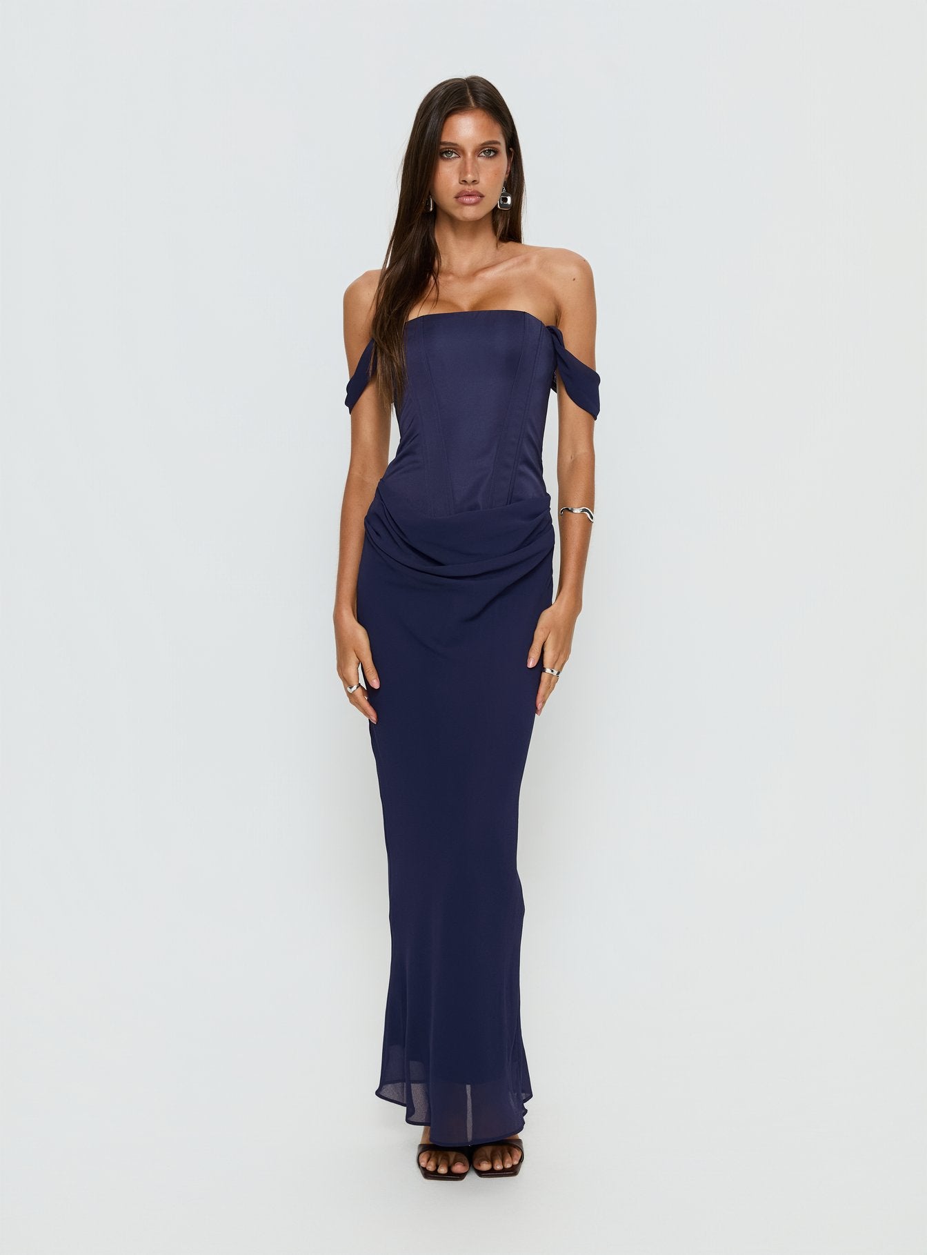 off shoulder corset dress Joslyne Off Shoulder Corset Maxi Dress Navy