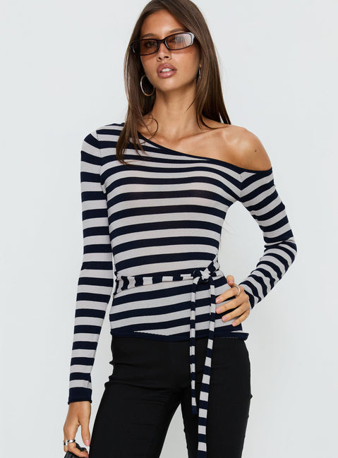 Kastor One Shoulder Long Sleeve Top Navy / Grey Stripe