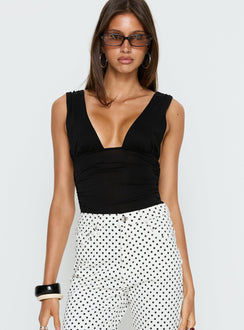 front view of model wearing Princess Polly Lamira Plunge Bodysuit Black Sleeveless 