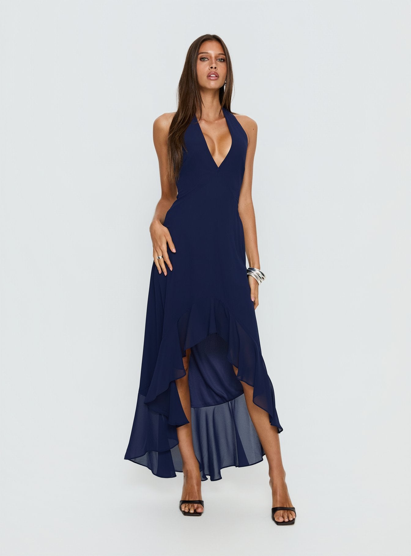 Agata Halter Frill Maxi Dress Navy | Princess Polly Agata Halter Frill Maxi Dress Navy | Princess Polly