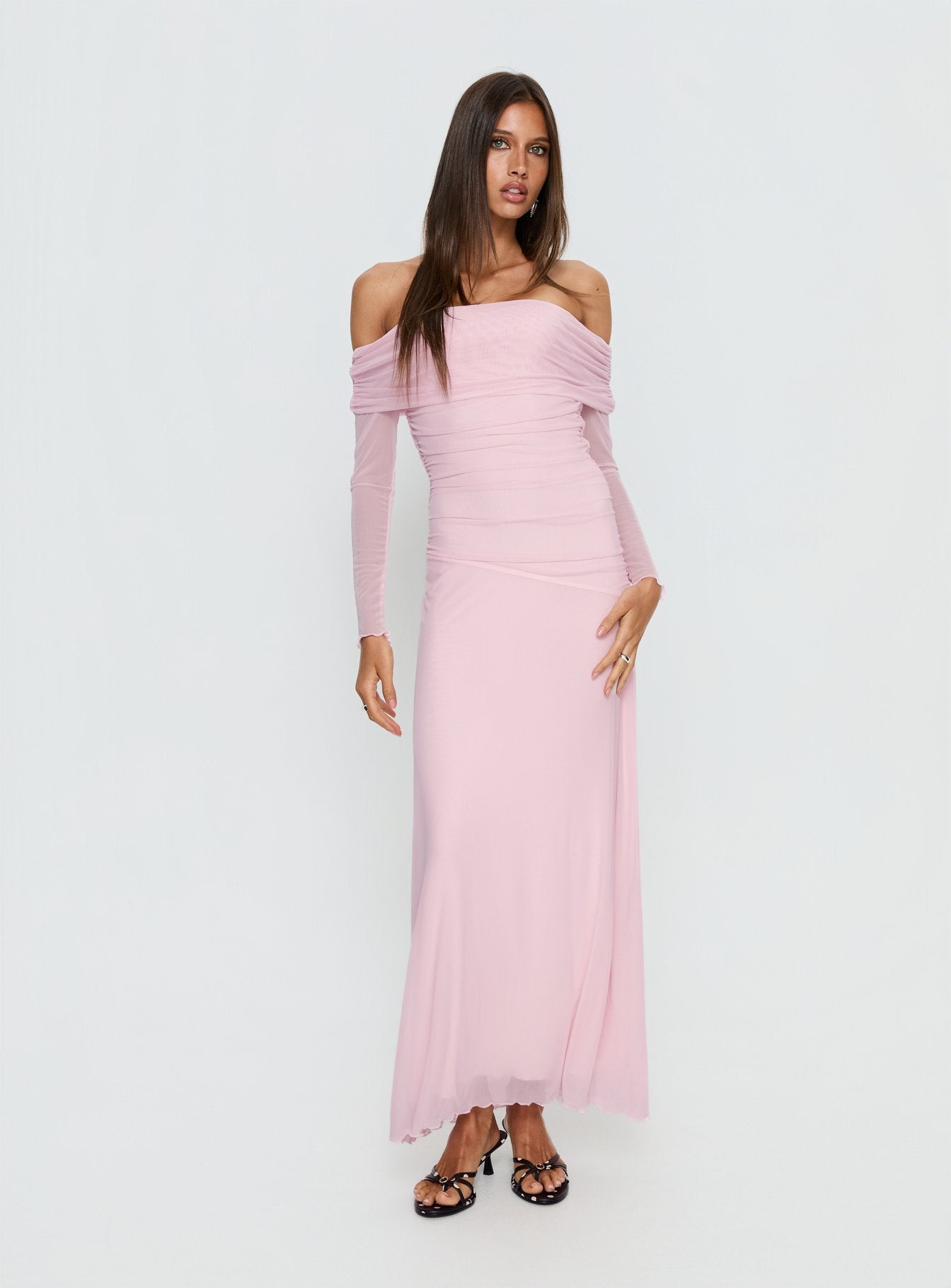 Emorissa Off Shoulder Long Sleeve Maxi Dress Soft Pink | Princess