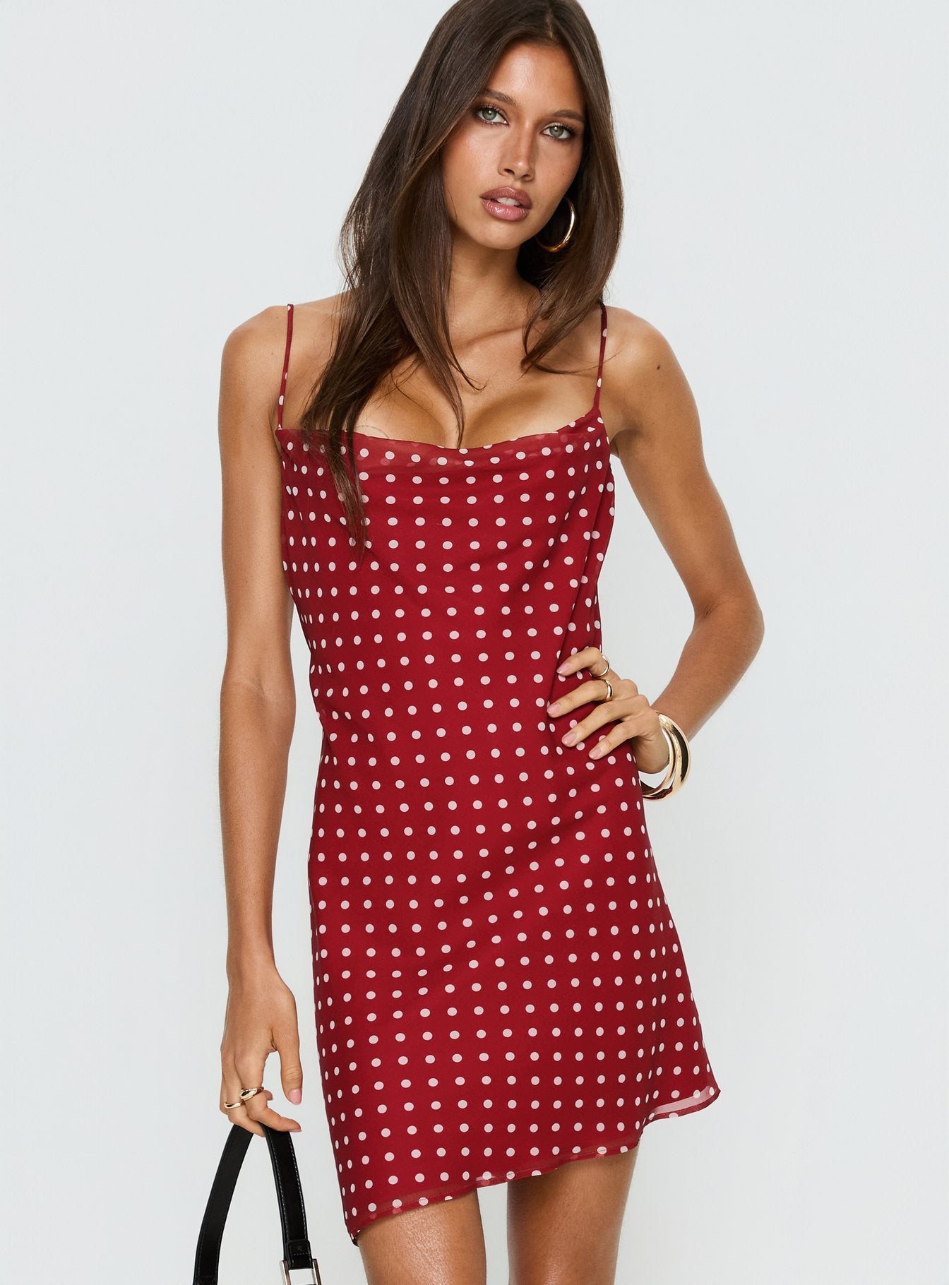 Elisabetta Frill Midi Dress Burgundy Polka Dot | Princess Polly