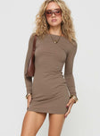 back view of model wearing Princess Polly Lex Long Sleeve Mini Dress Olive Crew Neck 