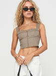 Crop top Fixed shoulder straps, boning through front, hook & eye fastening Non-stretch material, lined bust