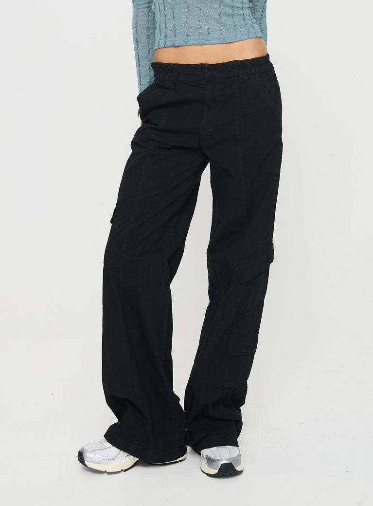 Mid rise pants Elasticated waistband, belt looped waist, six pocket design, zip & clasp fastening Non-stretch material, unlined