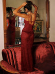 back view of model wearing Princess Polly Dynamo Sheer Lace Maxi Dress Red Scoop Neck 