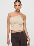 front view of model wearing Princess Polly Catalyst Asymmetrical Top Cream Sleeveless Asymmetric Neckline 