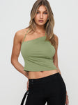 front view of model wearing Princess Polly Catalyst Asymmetrical Top Green Sleeveless Asymmetric Neckline 