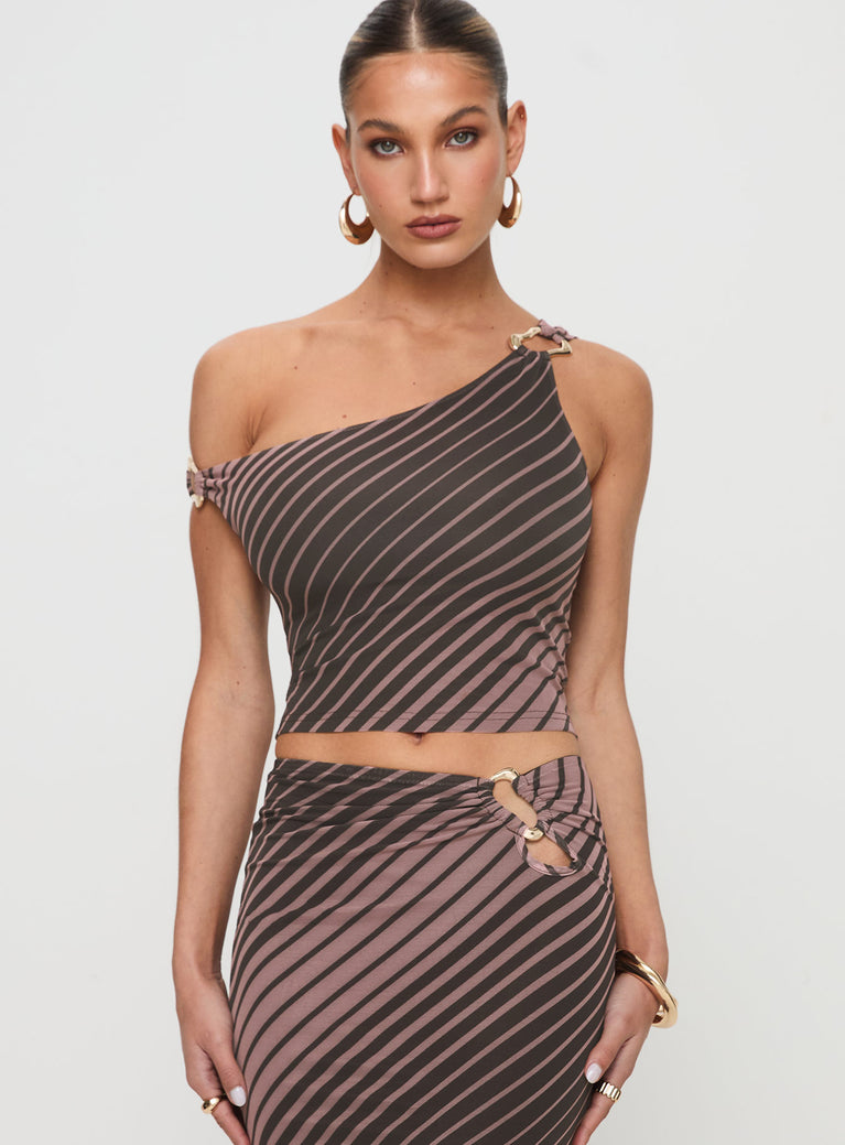 front view of model wearing Princess Polly Rios One Shoulder Top Brown Stripe Sleeveless Asymmetric Neckline 