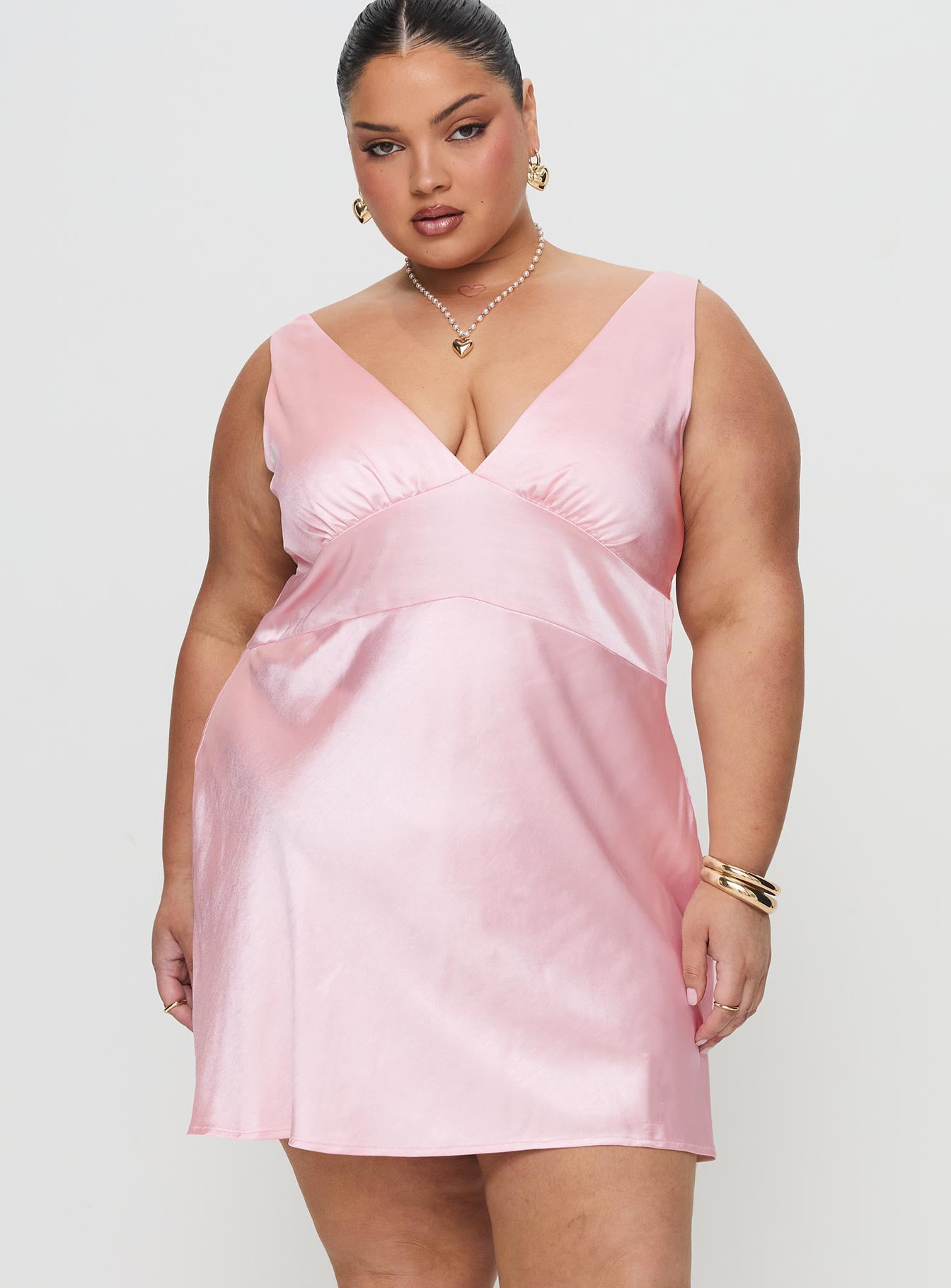 satin plunge mini dress MissPap Women's Satin Draped Plunge Collared Mini Dress in Champagne