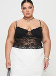 front view of model wearing Princess Polly Kerr Lace Top Black Curve Sleeveless Sweetheart 