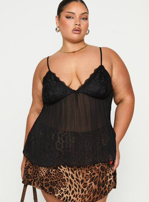 front view of model wearing Princess Polly Zami Pleat Top Black Curve Sleeveless Plunger 