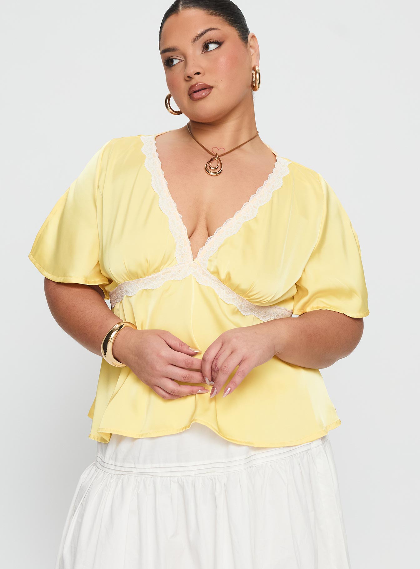 For The Summer Lace Trim Top Yellow Curve