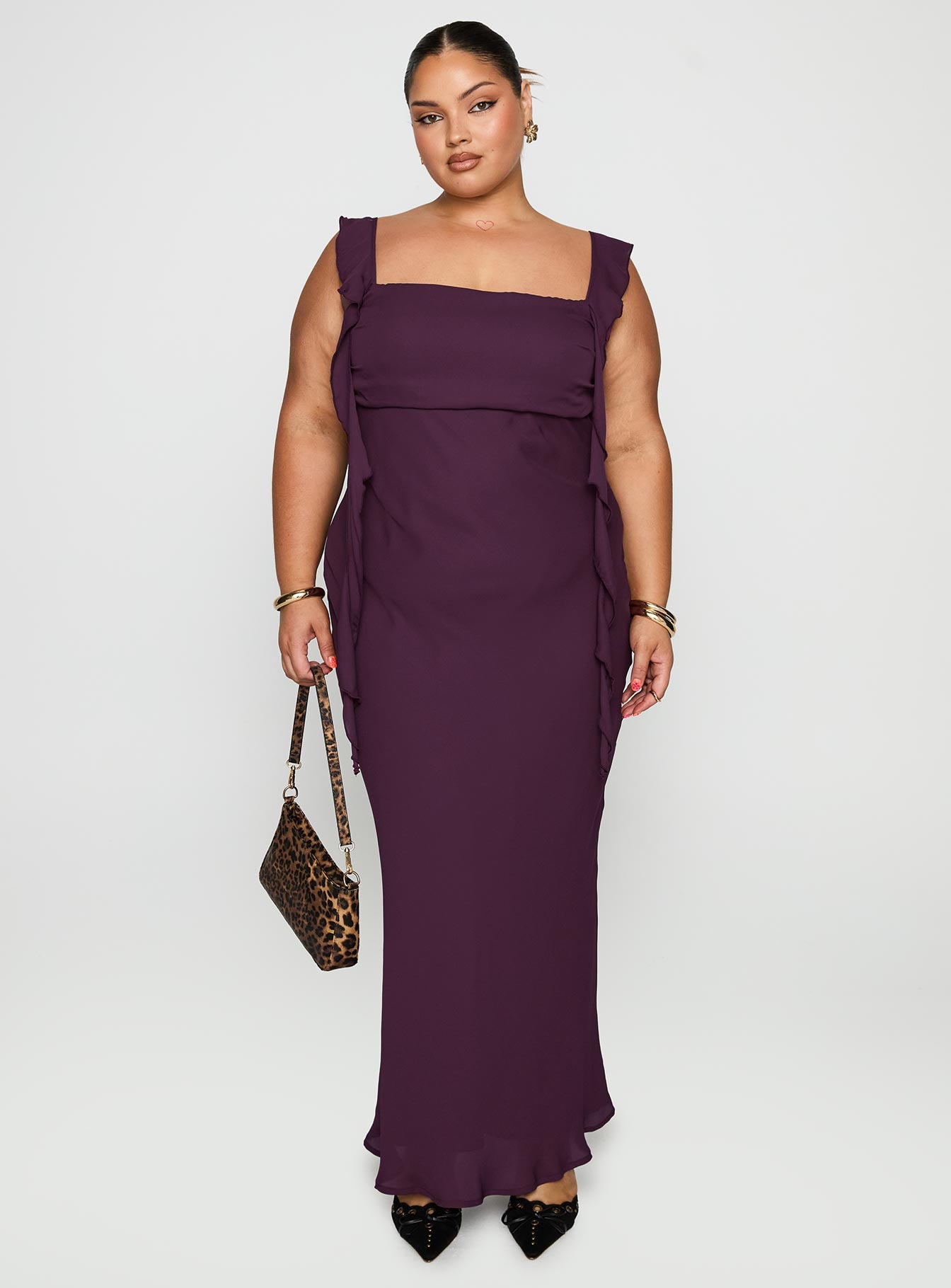 side view of model wearing Princess Polly Lanai Maxi Dress Plum Curve Square Neck 