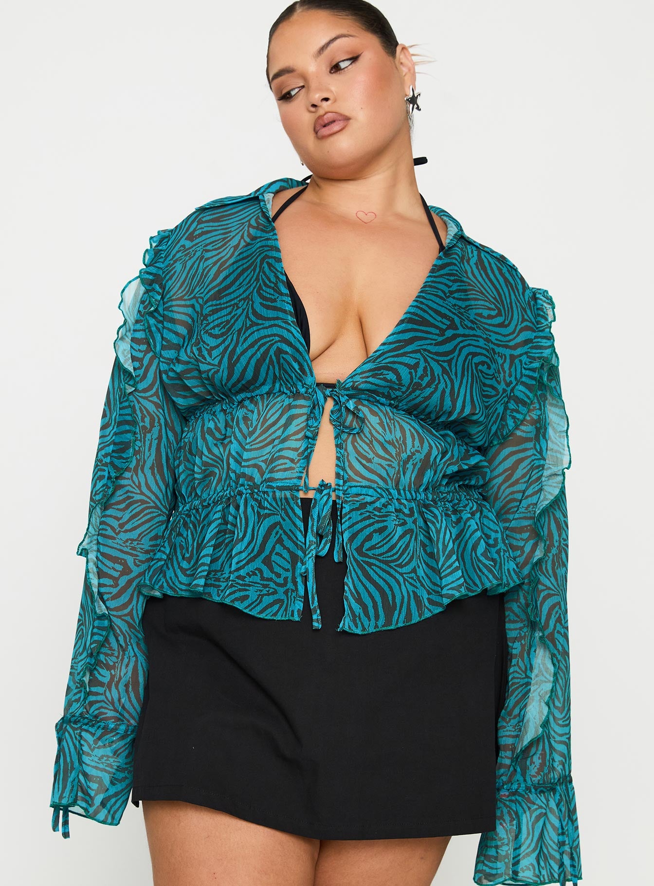 front view of model wearing Princess Polly Holidaze Long Sleeve Top Zebra Curve Full Sleeves Plunger 