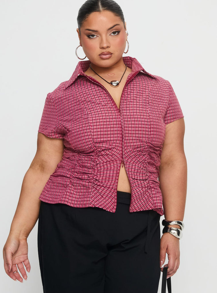 Meryn Ruched Top Red Check Curve | Princess Polly