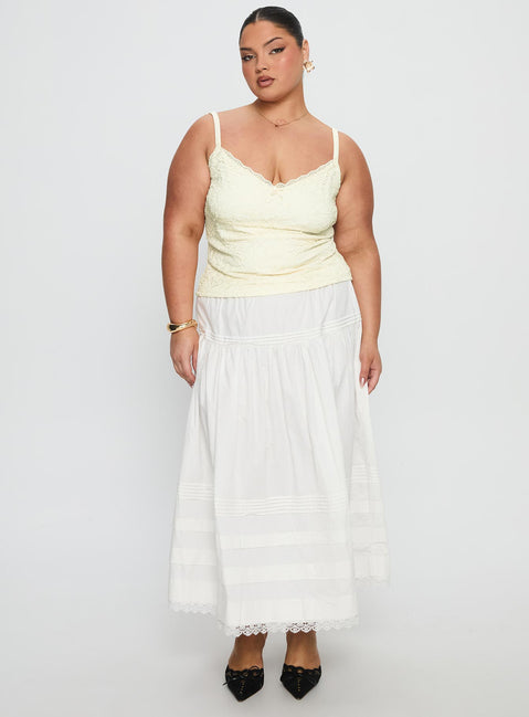   front view of model wearing Princess Polly Calling For You Flowy Maxi Skirt White Curve Maxi Skirts 