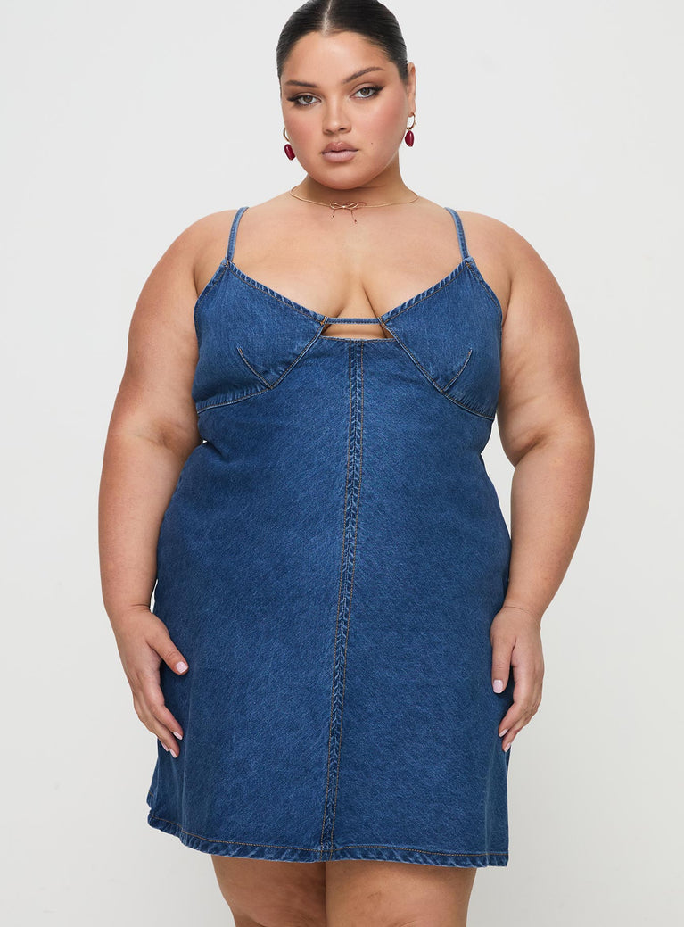 front view of model wearing Princess Polly Arwen Denim Mini Dress Blue Curve Plunger 