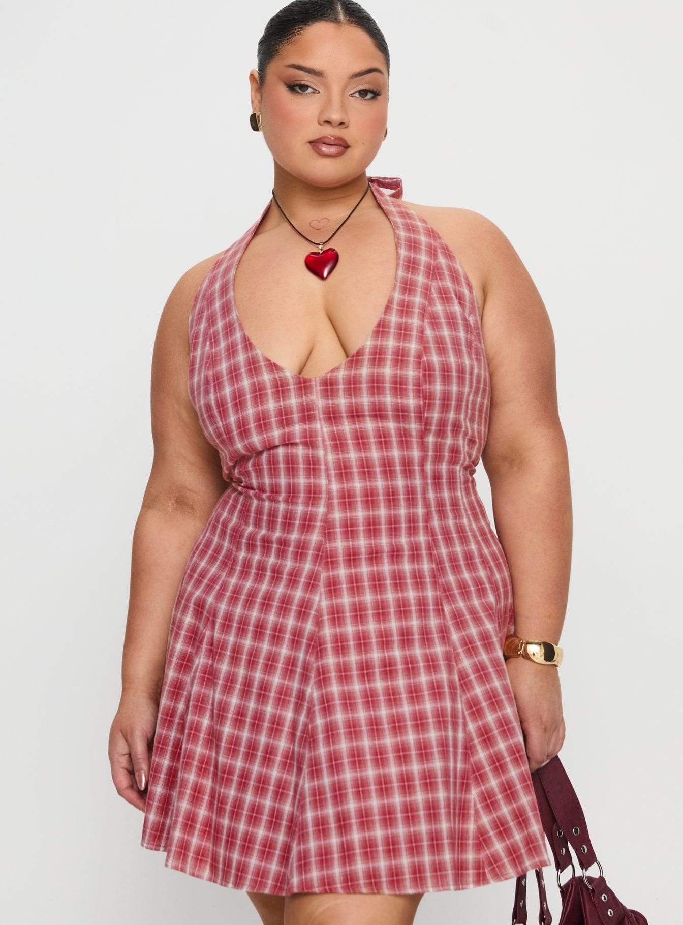 Out Of Nowhere Halter Mini Dress Red Check Curve | Princess Polly