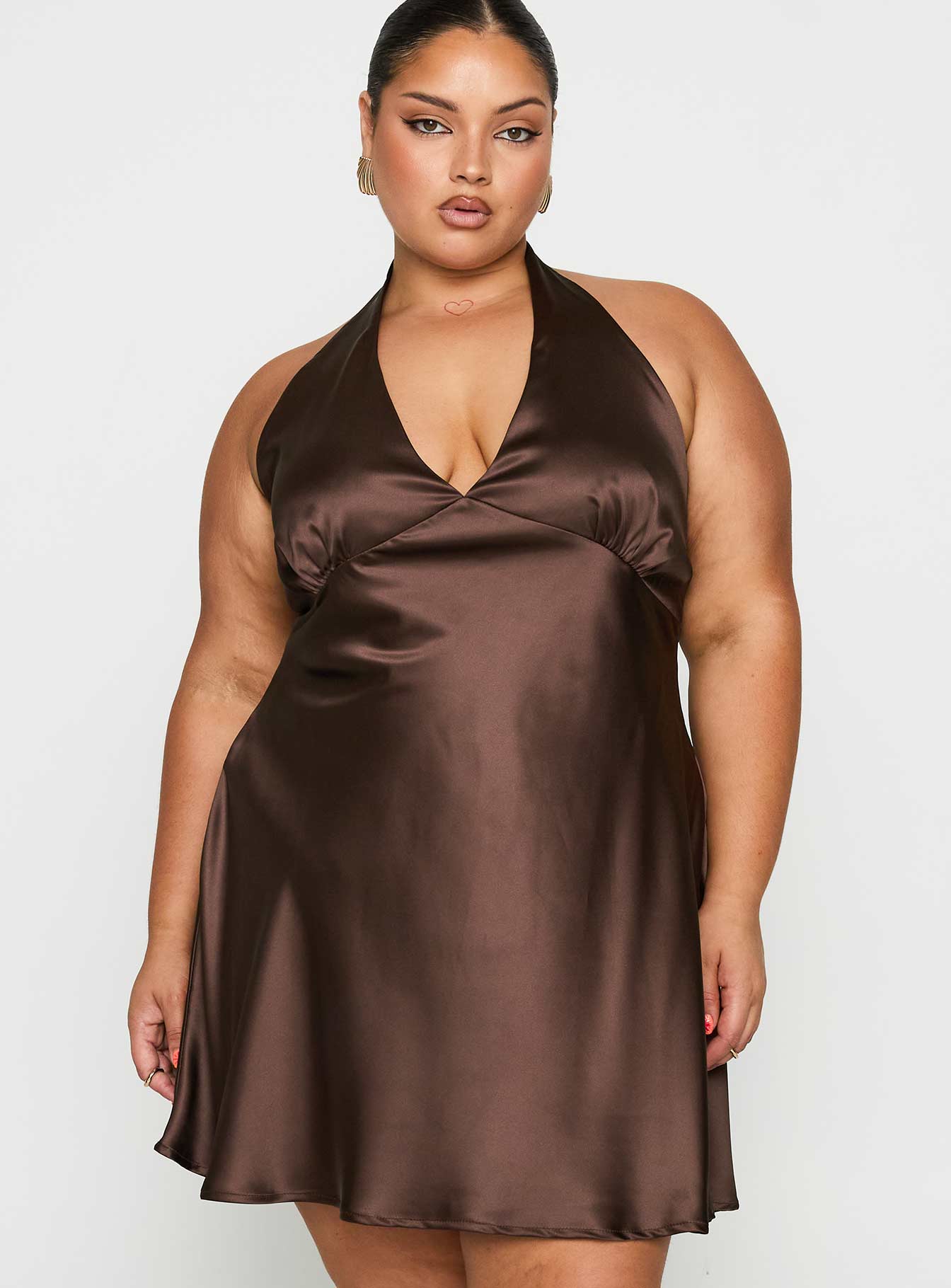 front view of model wearing Princess Polly Pelagia Halter Scarf Tie Mini Dress Brown Curve Plunger 