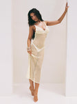 side view of model wearing Princess Polly Hawat Maxi Dress Beige V-Neck 