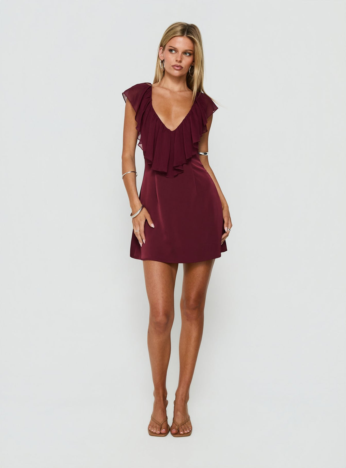 Madibelle V Neck Frill Mini Dress Wine