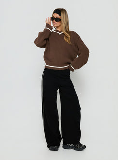 Myrandah V Neck Long SLeeve Knit Jumper Chocolate Stripe