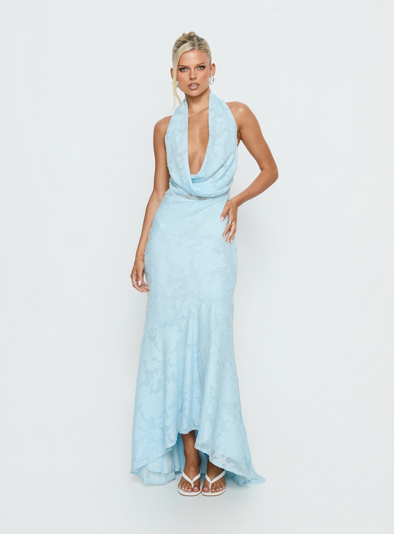 Invisible String Cowl Plunge Backless Maxi Dress Light Blue | Princess Polly Invisible String Cowl Plunge Backless Maxi Dress Light Blue | Princess Polly