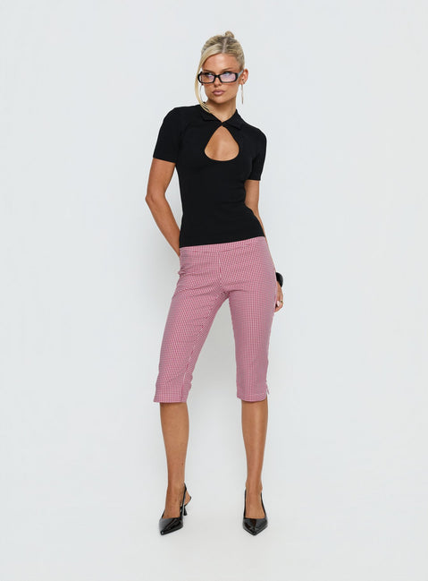 front view of model wearing Princess Polly Rossie Capri Pants Red Gingham Mid Rise Pants 