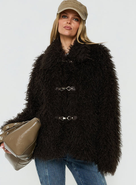 Nikolie Faux Fur Frog Closure Jacket Chocolate