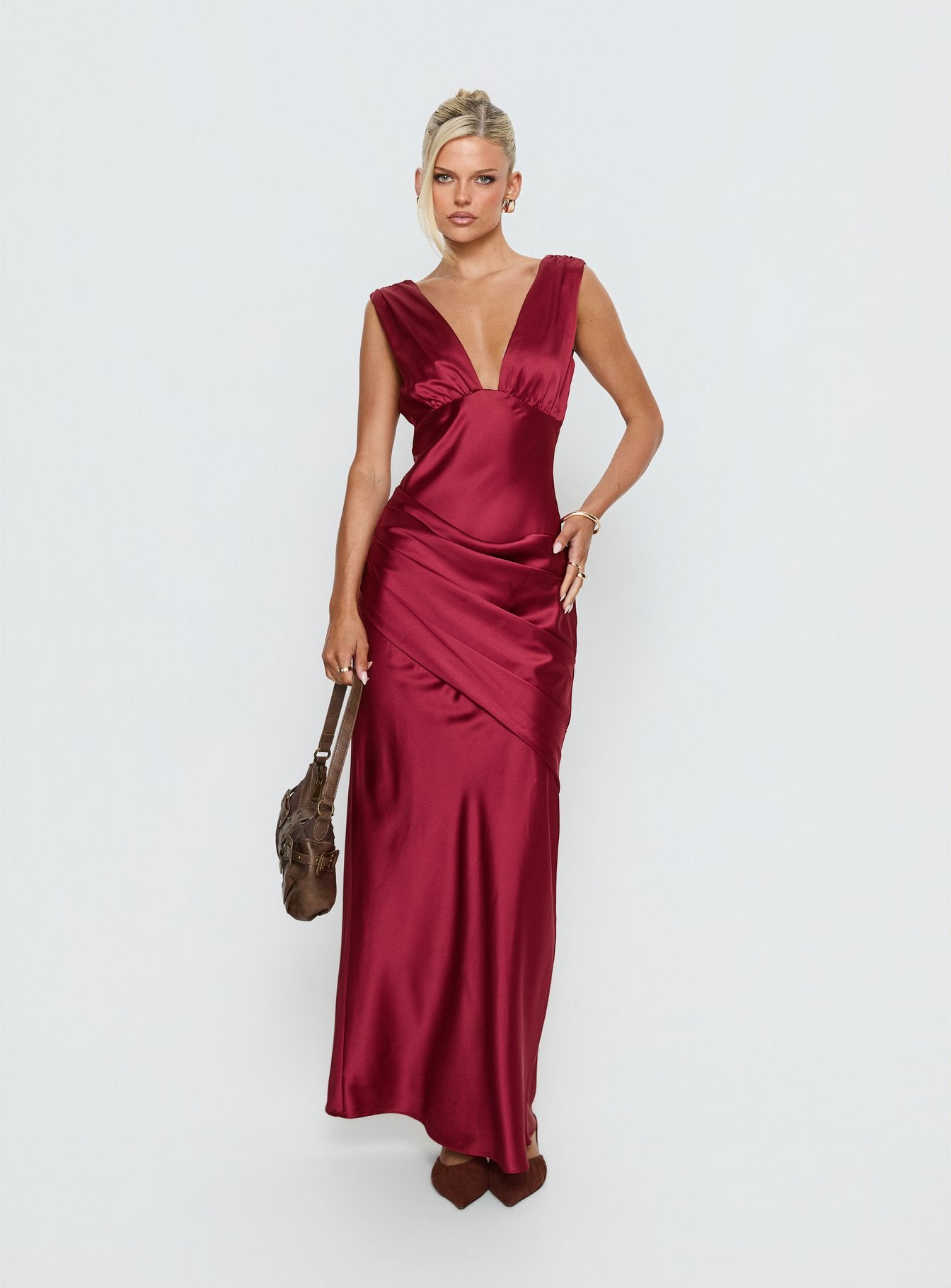 False Alarm Plunge Asymmetrical Pleat Maxi Dress Red | Princess Polly False Alarm Plunge Asymmetrical Pleat Maxi Dress Red | Princess Polly