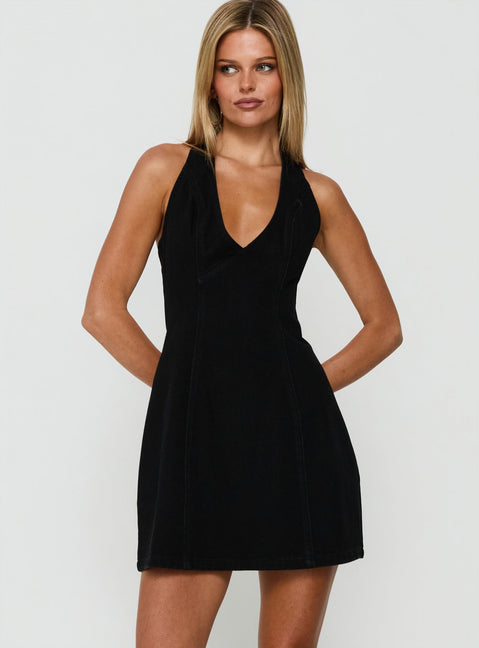 Say Goodnight Denim Halter Mini Dress Black Denim