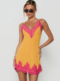 Call My Lover Lace Slip Mini Dress / Gold / Fuchsia