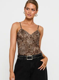 front view of model wearing Princess Polly Elixia Bodysuit Leopard Sleeveless 