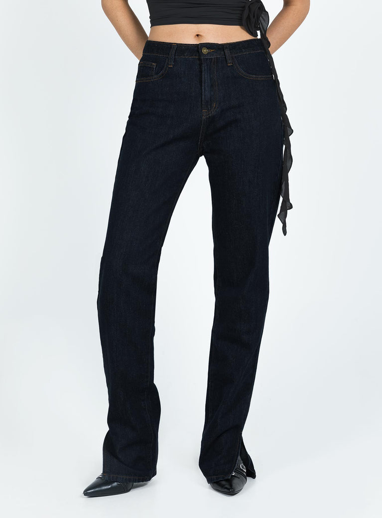 Straight leg jeans Dark denim High rise Zip and button fastening Three pocket detail Side split details along bottom