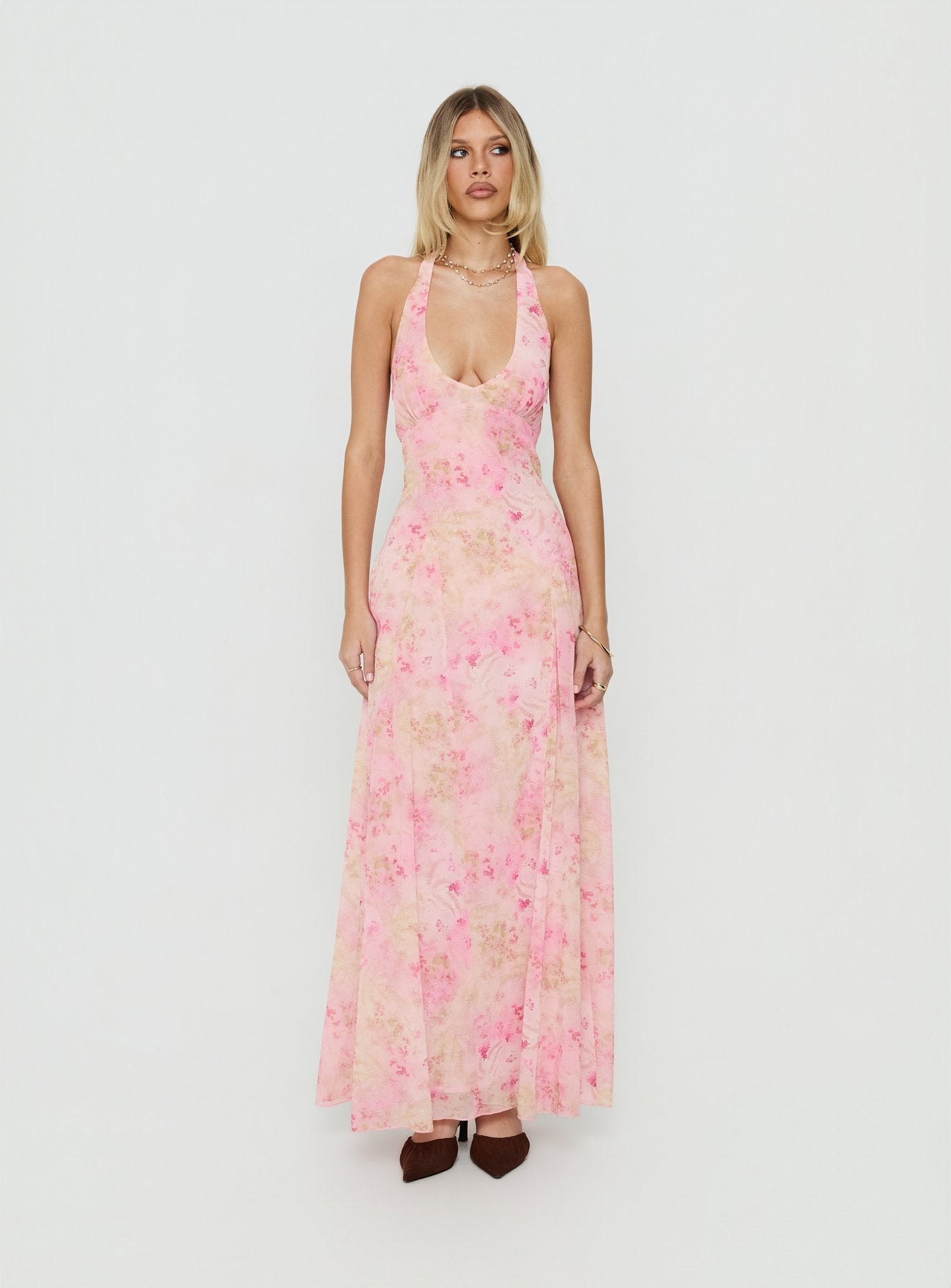 Dandelions Halter Maxi Dress Pink Floral | Princess Polly