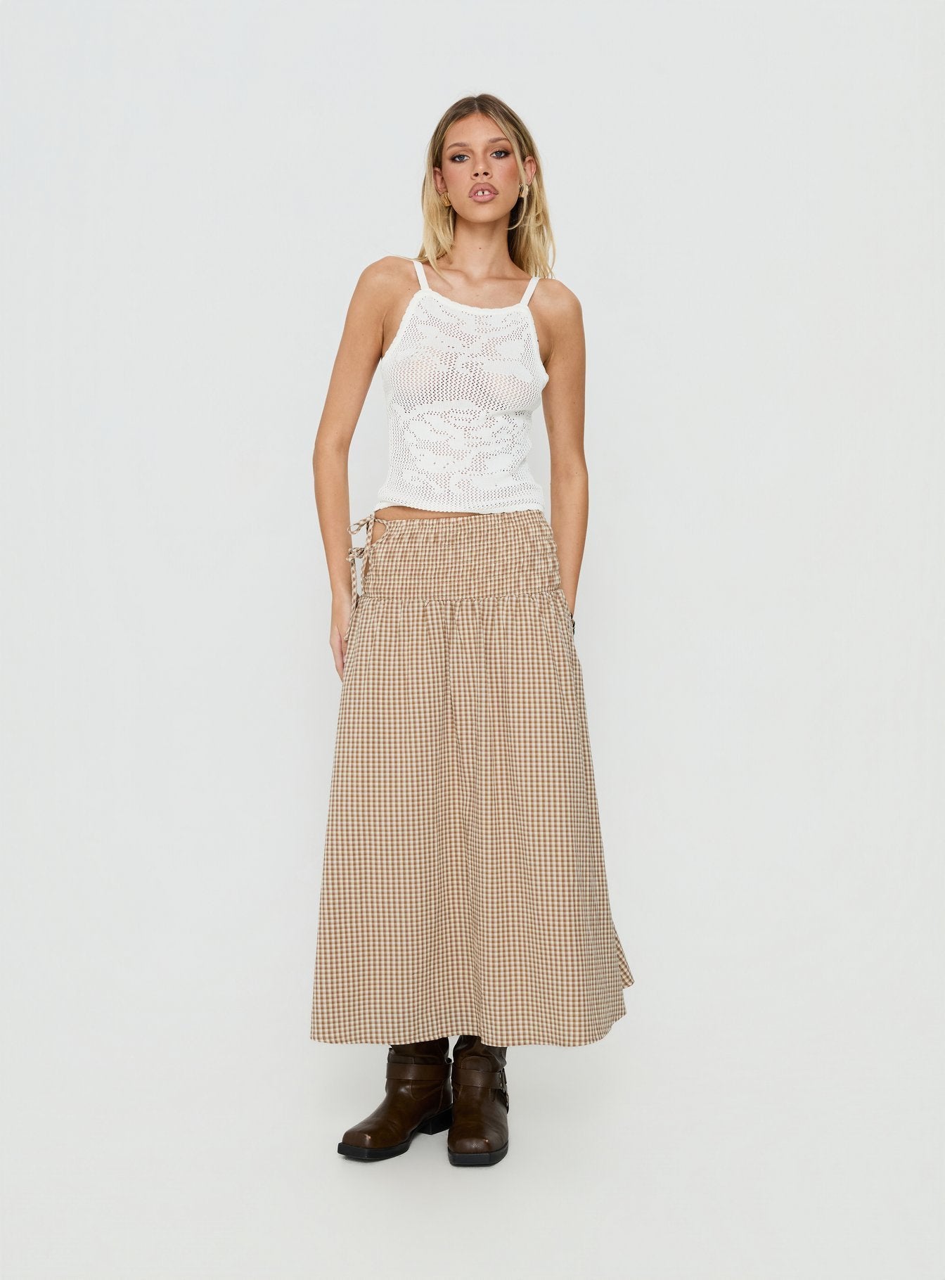 vence ruched maxi skirt Brown Gingham | Princess Polly