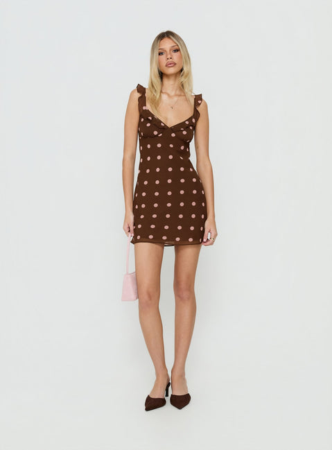 yves mini dress brown polka Yves Mini Dress Onyx Polka