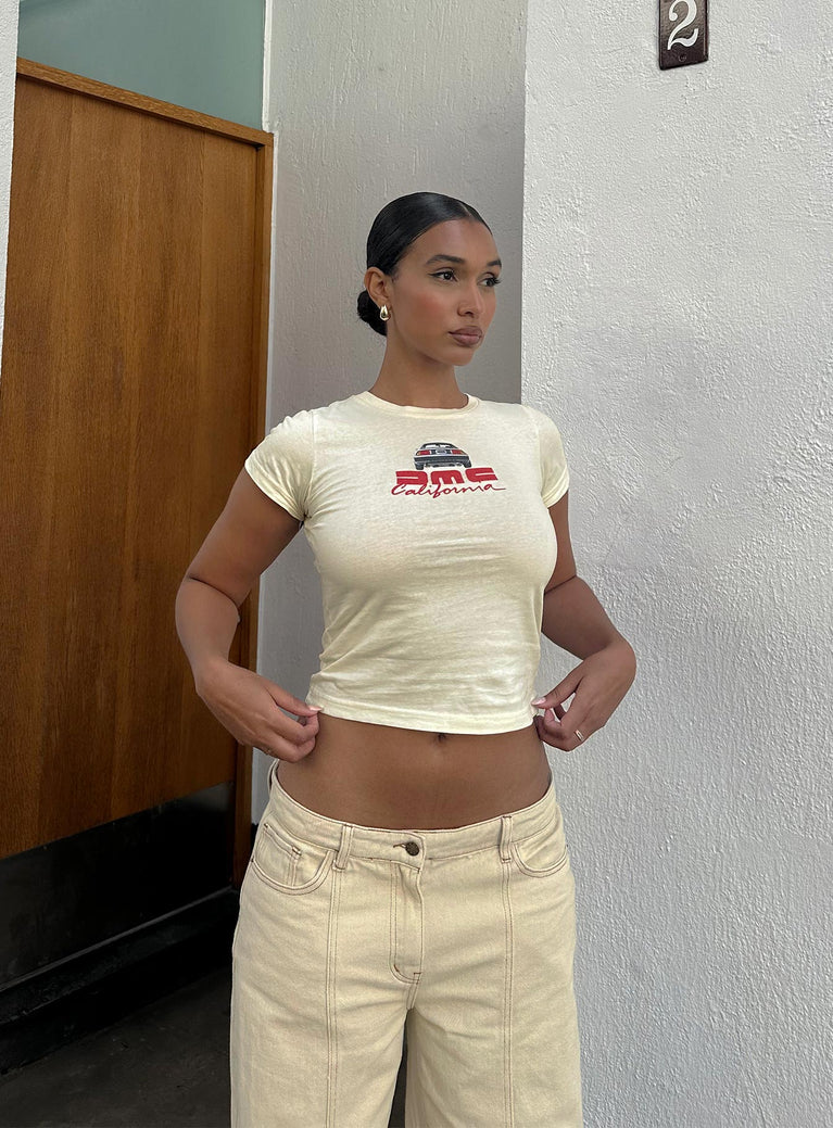 front view of model wearing Princess Polly Dmc Cali Tee White Short Sleeves Crew Neck 