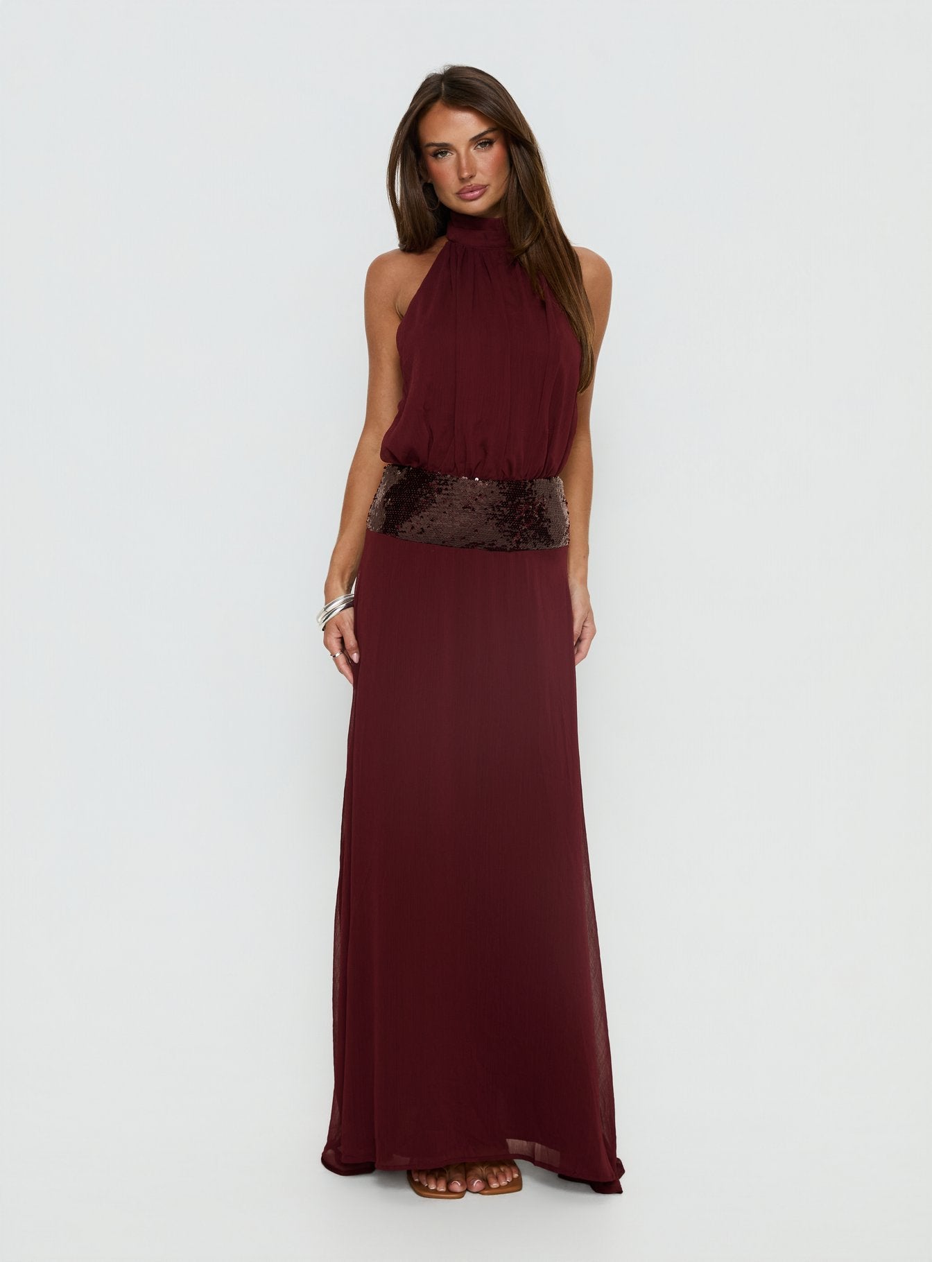 Darwinn Drop Waist Sequin Detail Maxi Dress | Burgundy | Womens | Princess Polly Lower Impact Darwinn Drop Waist Sequin Detail Maxi Dress | Burgundy | Womens | Princess Polly Lower Impact